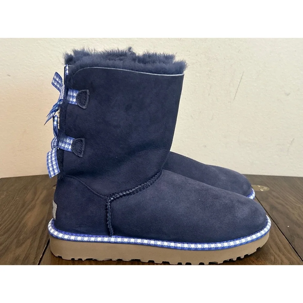 UGG‎ Classic Short Bailey Bow GINGHAM Navy Boots Women's Size 7